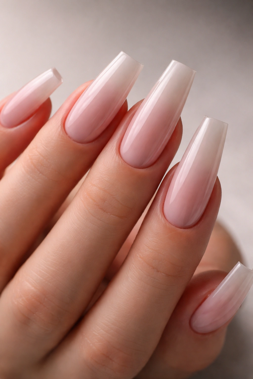 Macro close-up of coffin nails showing tapered sides and squared tips on a hand