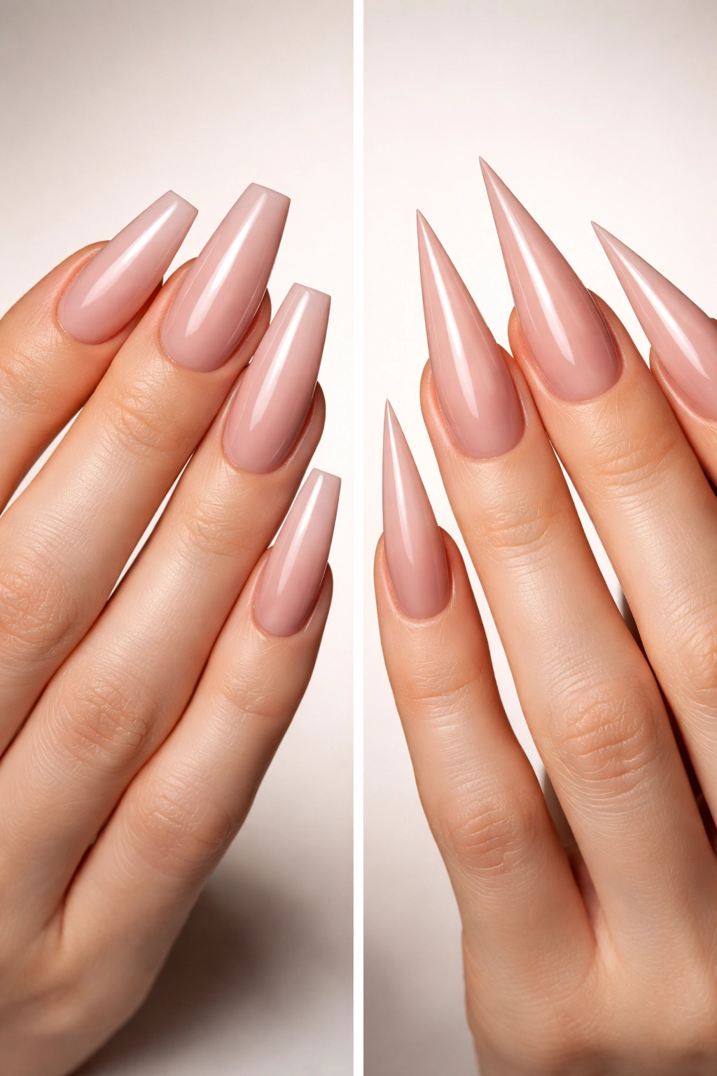 Hands displaying coffin and stiletto nails with dramatic shapes