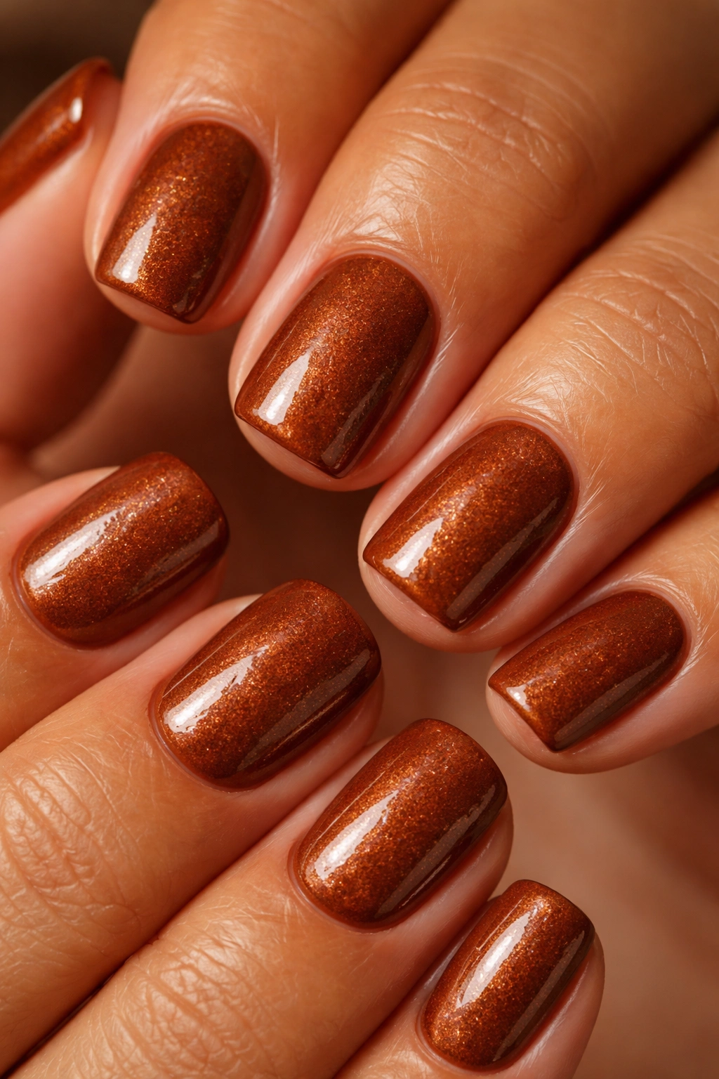 Close-up of cognac brown nails with subtle shimmer