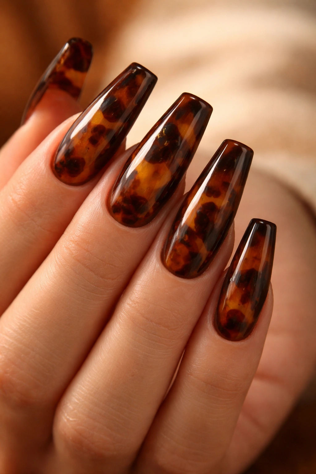 Close-up cognac brown coffin nails with tortoiseshell overlay