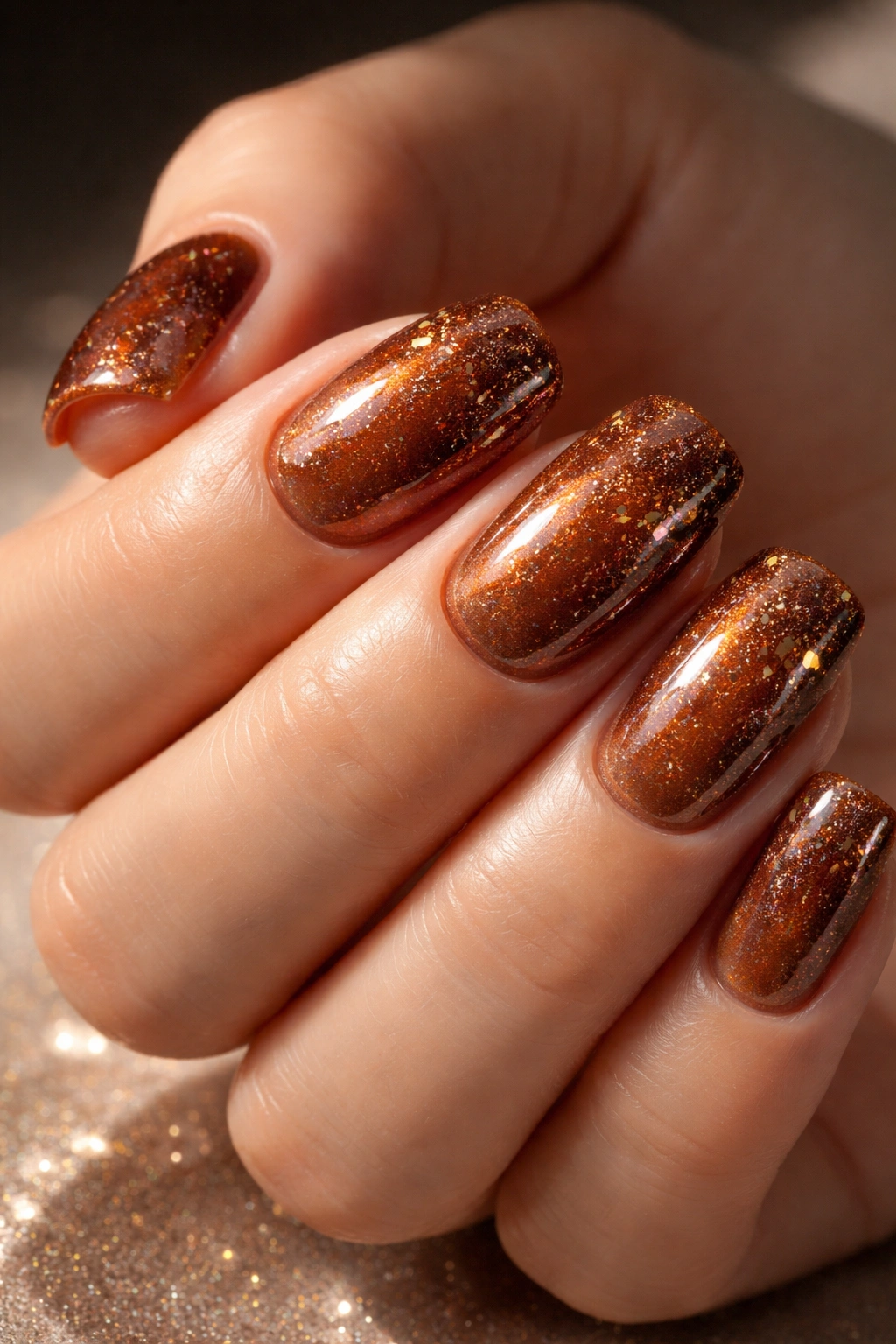 Close-up of cognac glaze nails with glass fleck accents