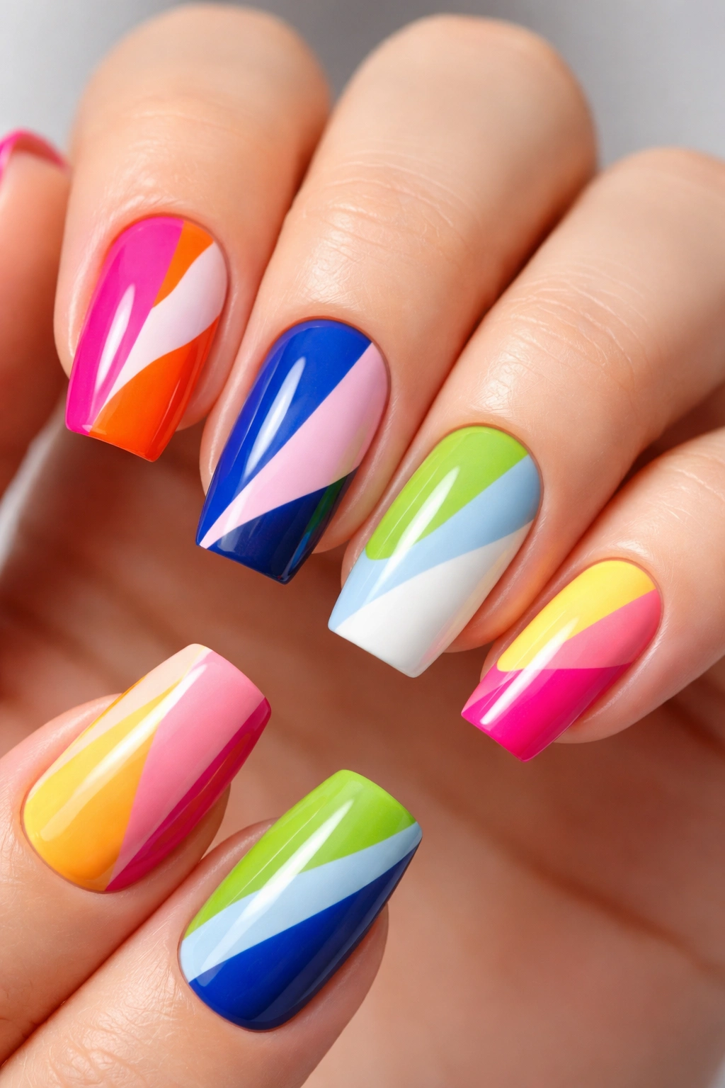 Close-up of medium-length acrylic nails with bold color-blocked sections
