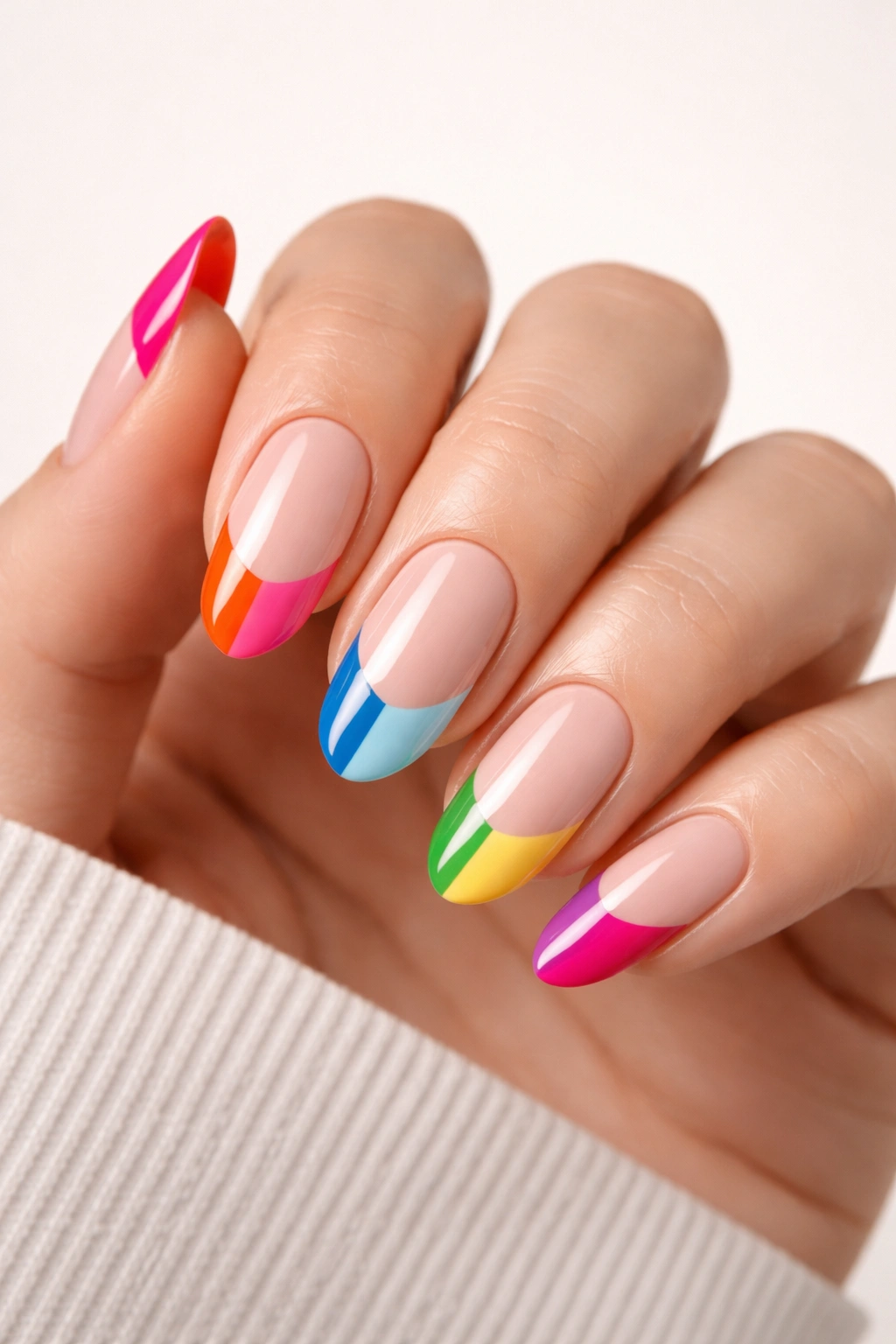 Close-up of hand with color-blocked French tips on nude nails