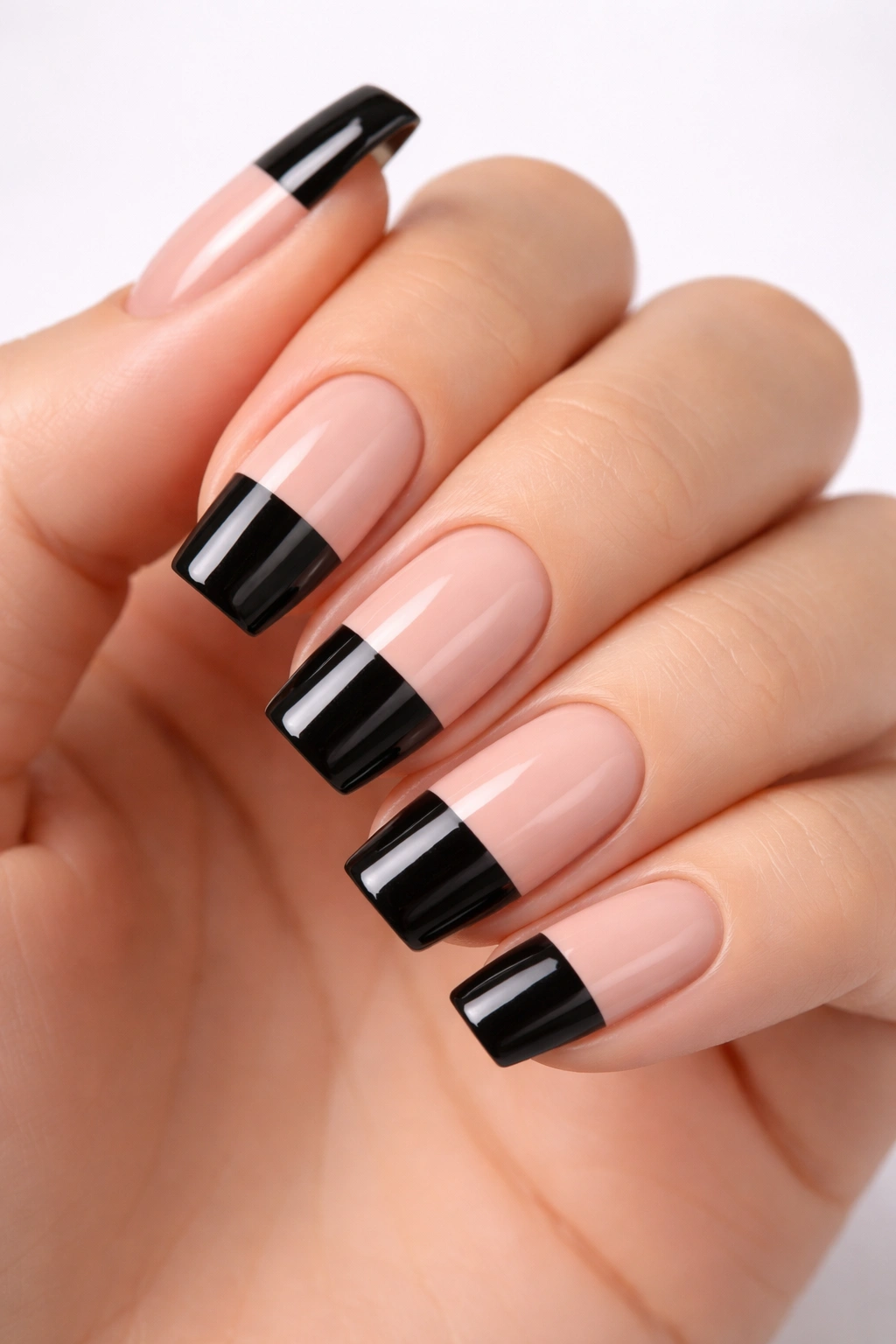 Nails with black and nude color block segmentation