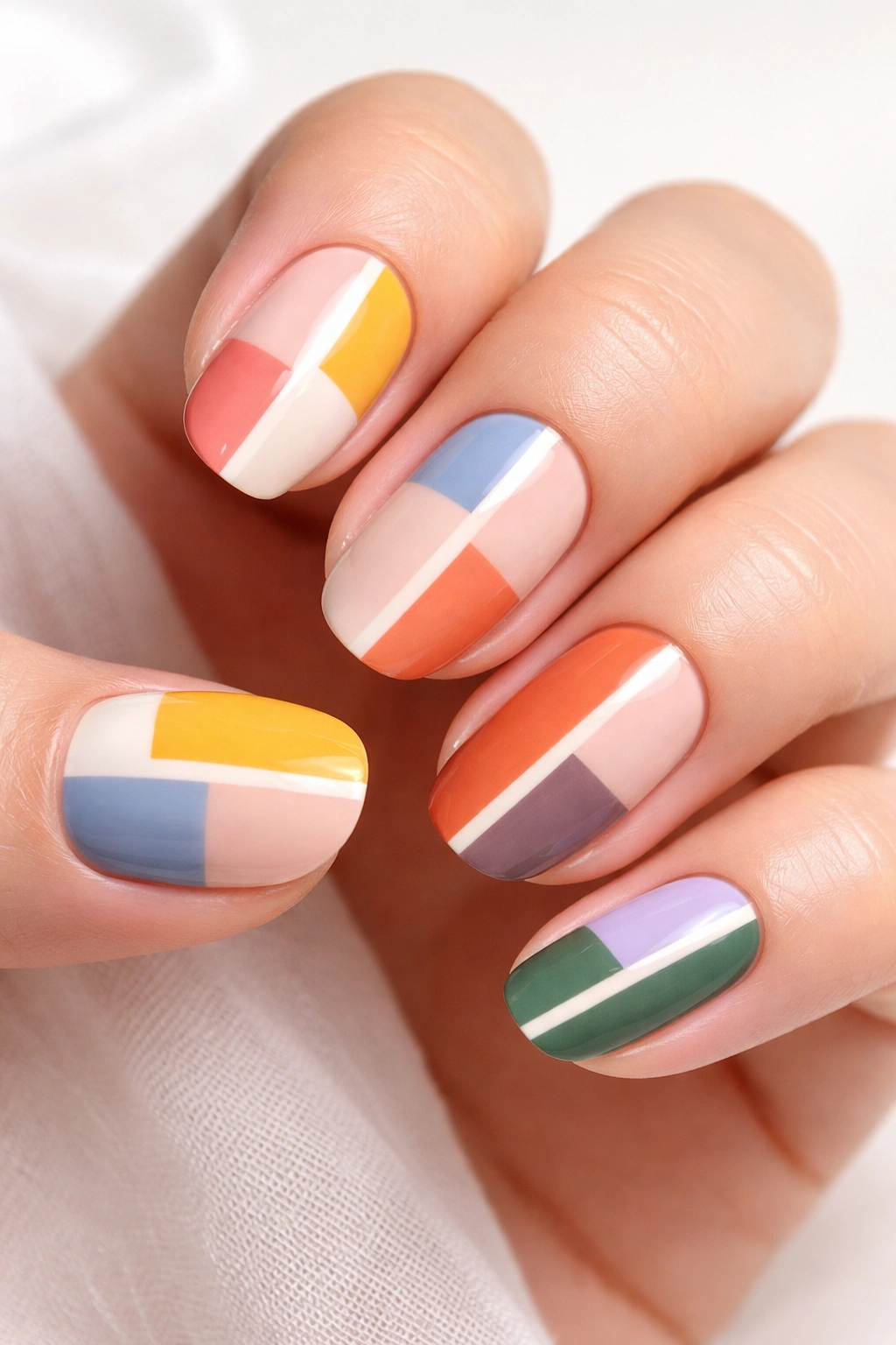 Close-up of nails with geometric color-block nail art on a neutral base