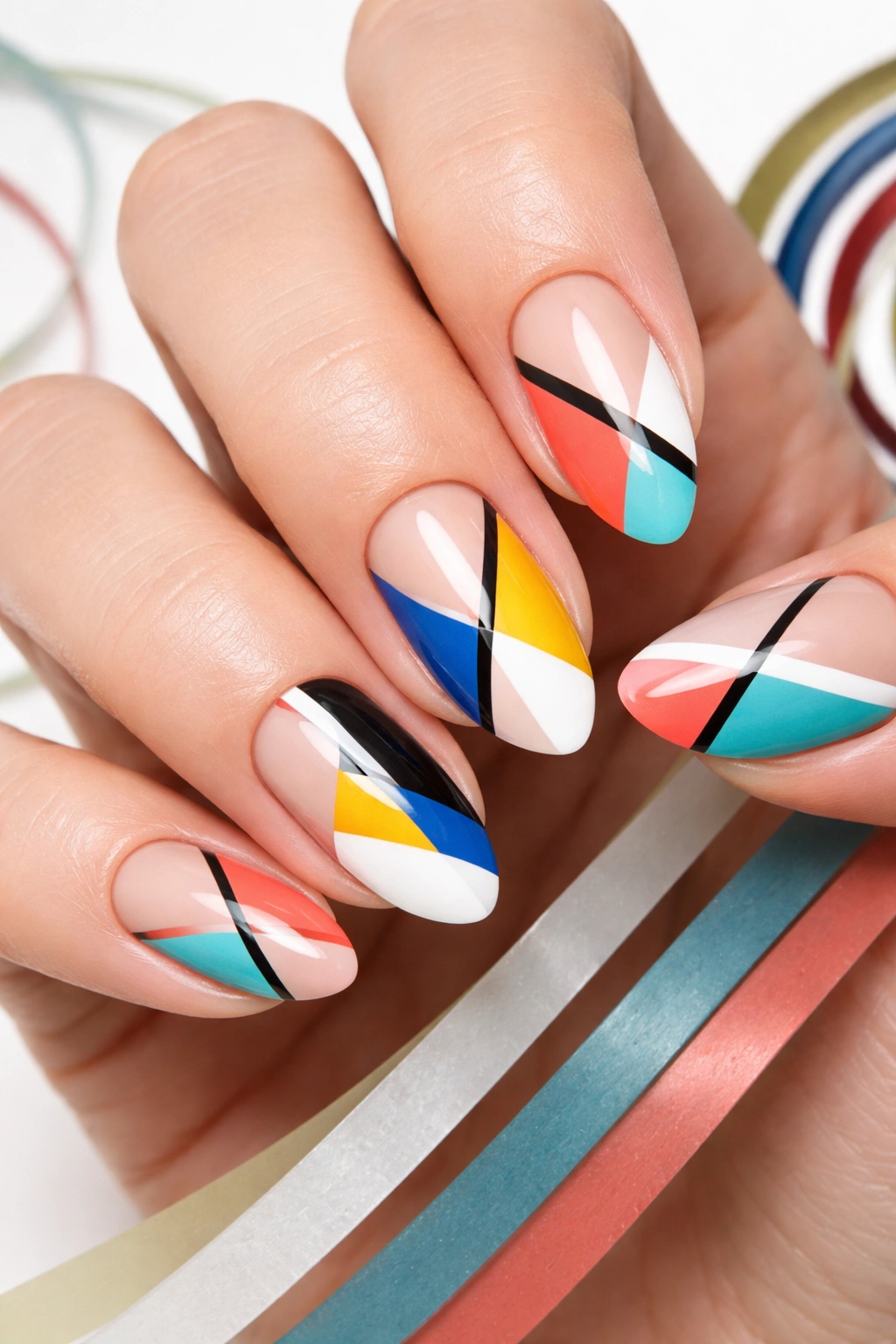 Nails with bold color-blocked geometric sections in blue and white.