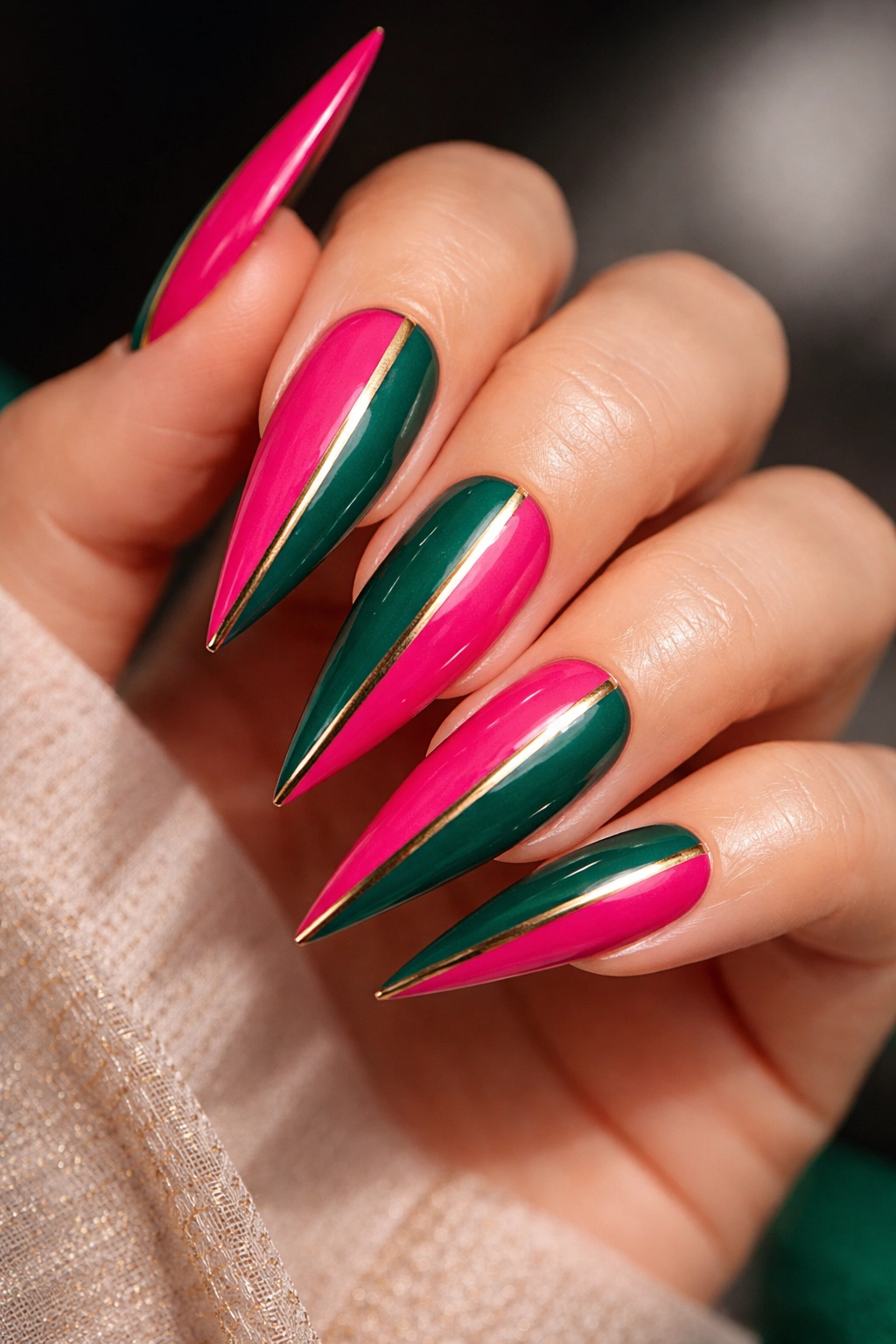 Stiletto nails with bold hot pink and emerald green color-block split