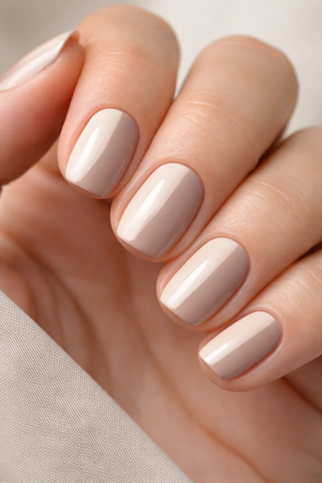 Two-tone color-block squoval nails with cream and taupe