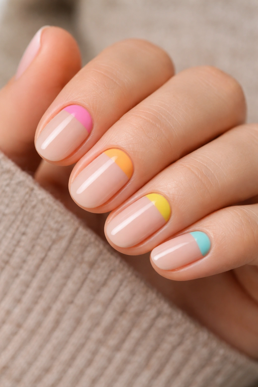 Close-up of short oval nails with color-blocked cuticles in crescent shapes on a nude base.