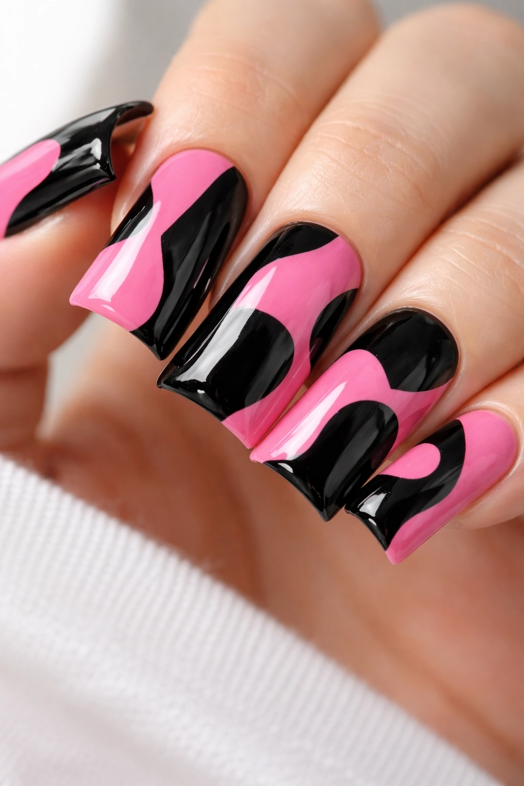 Duck nail with bold black and pink abstract color blocks.