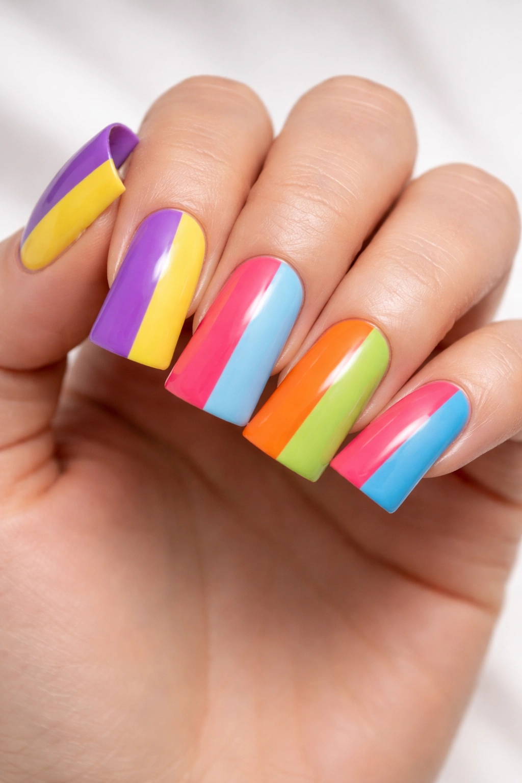 Close-up of duck nails with sharp vertical color blocks in coral teal and purple yellow on a curved nail surface