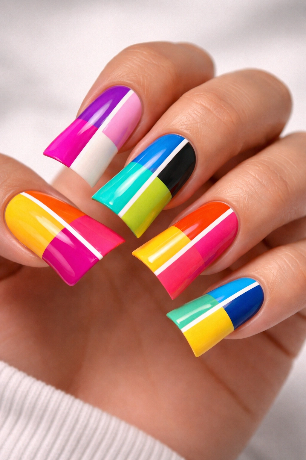Close-up of wide duck nails with bold color blocks and high-contrast hues