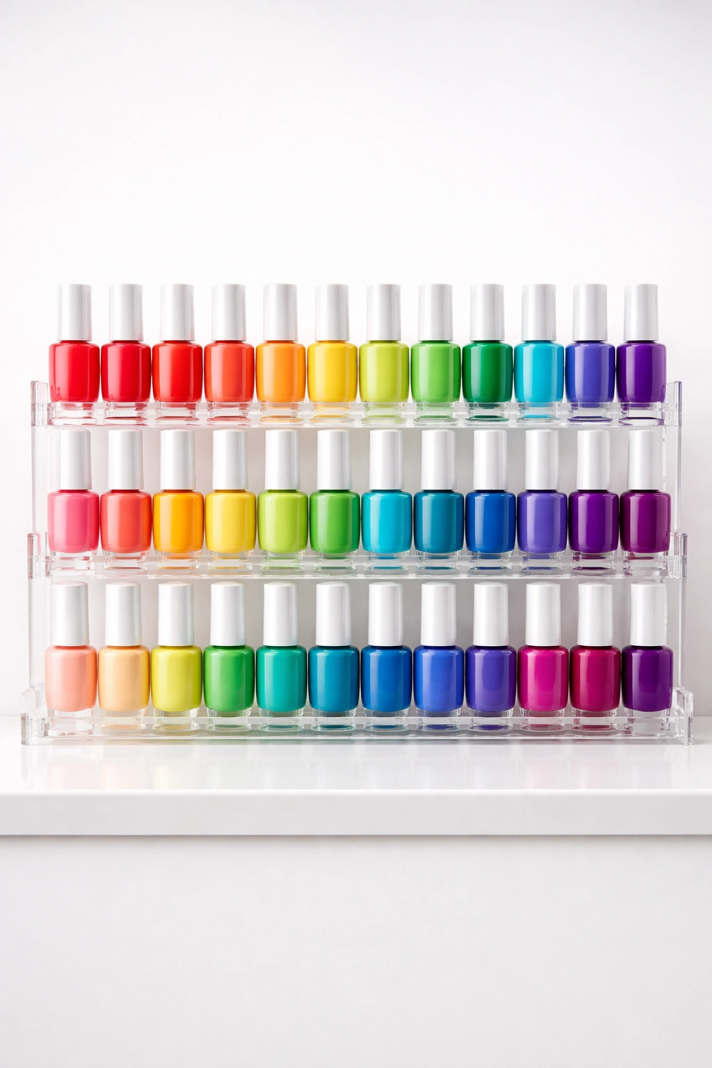 Nail polishes arranged by color in a rainbow gradient on a clear rack