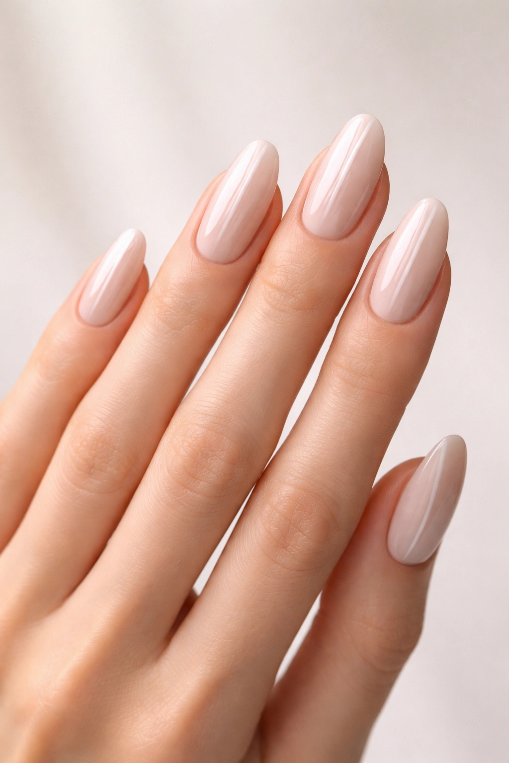 Close-up of slender hand with pale nude nails and subtle vertical stripe design