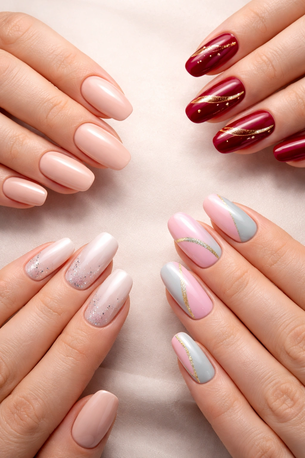 Close-up of nails with neutral and bold color designs on wide nails