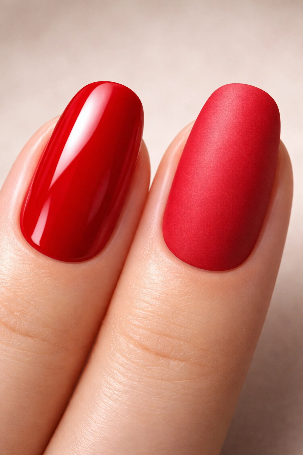 Glossy red nail vs matte red nail showing color intensity difference