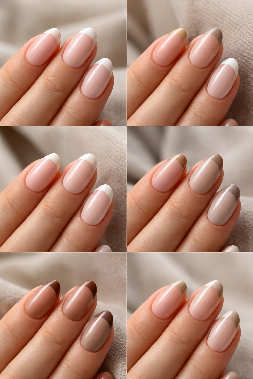 Nails showing diverse minimalist color pairings on short almond nails