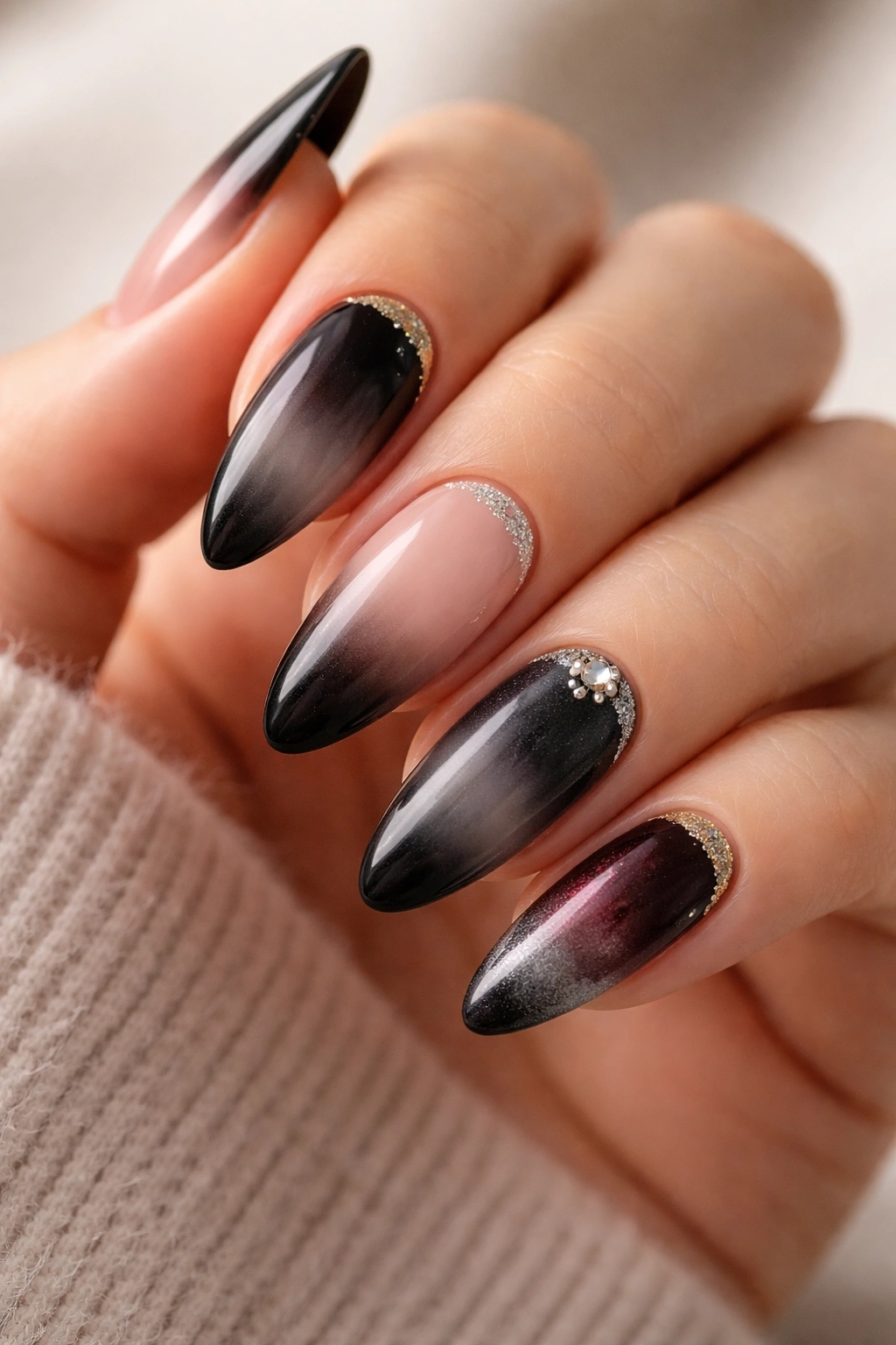 Nails showcasing nude, milky pink, charcoal, burgundy, and silver pairings