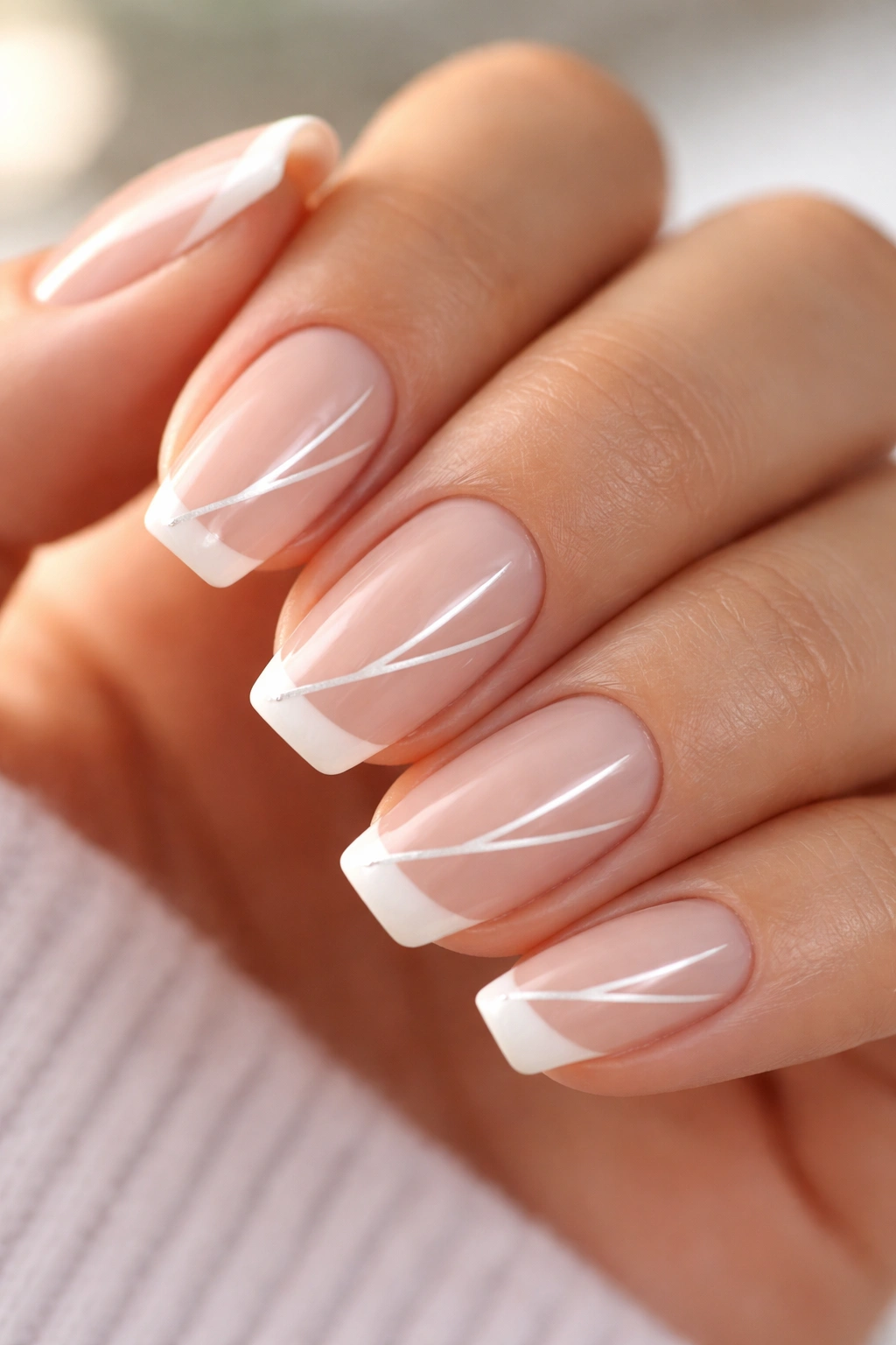 Nails showing milky nude base with slim white tip to elongate look.