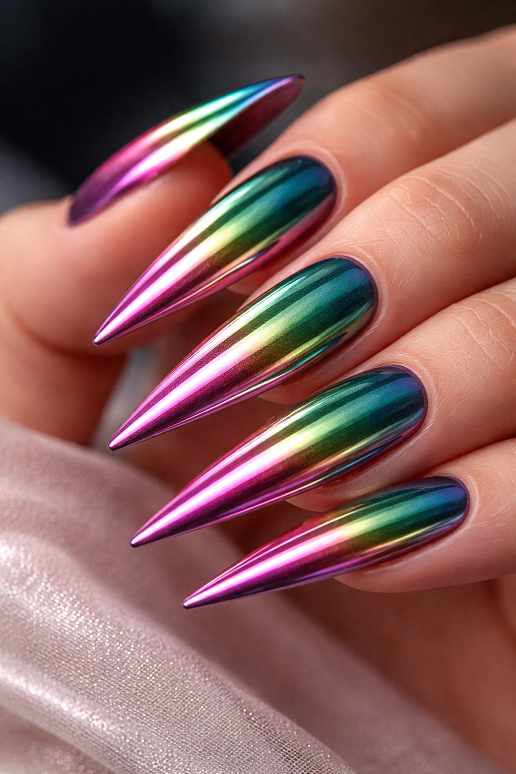 Nails with color-shifting chrome changing from green to pink under light