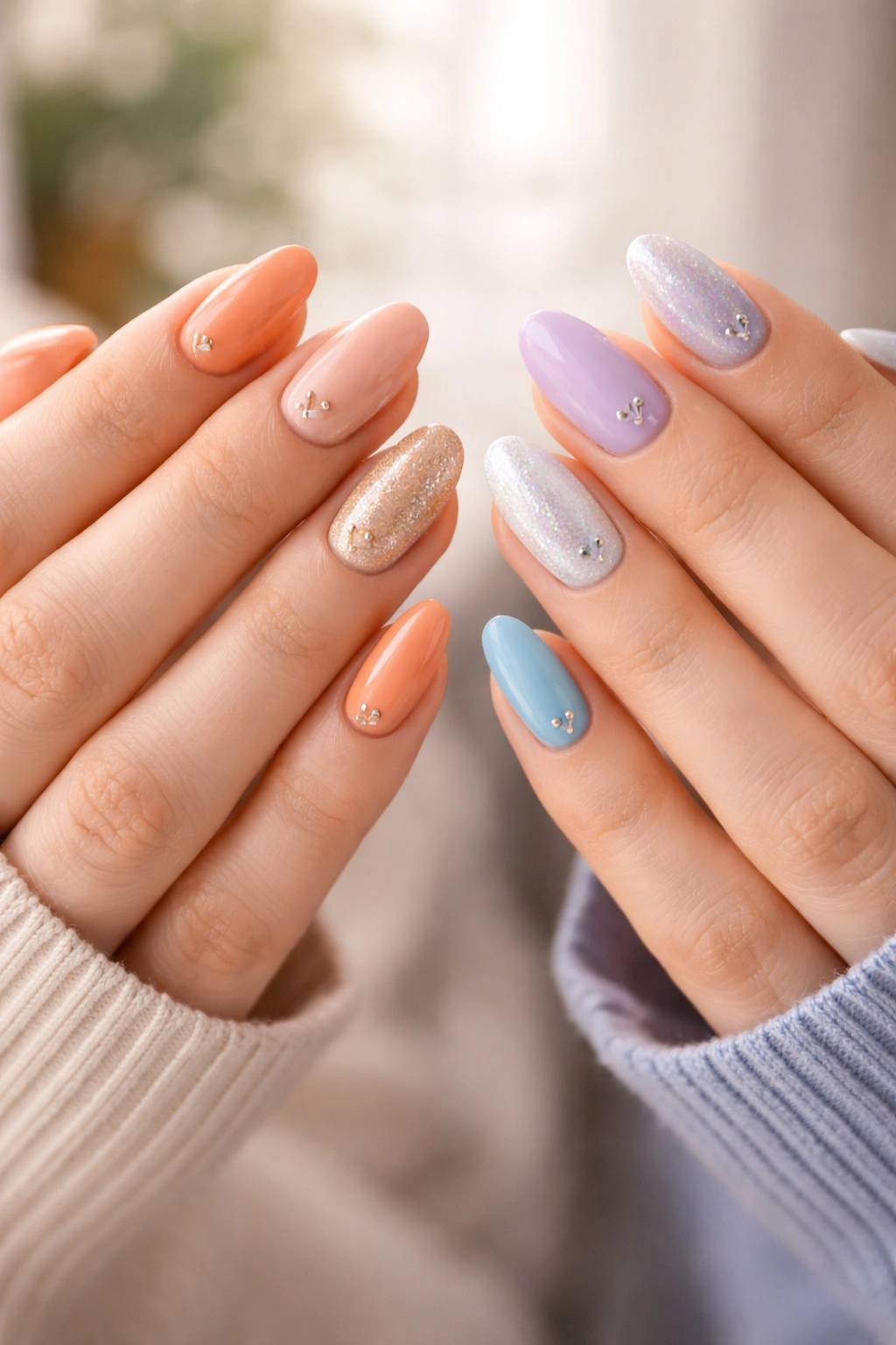 Two hands showing coordinated nail colors from different color stories