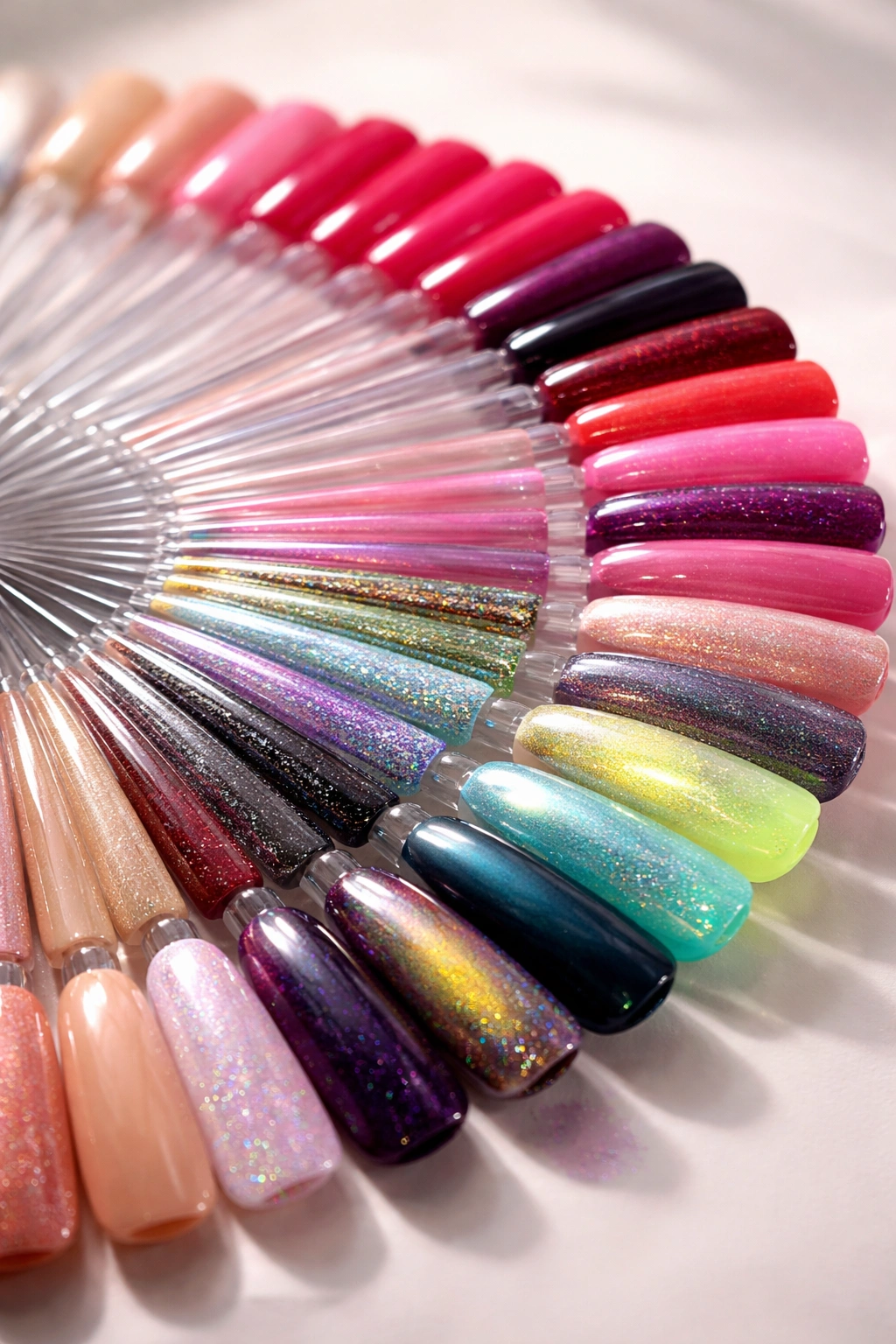 Close-up of a wide spectrum of glossy nail color swatches with metallics and finishes