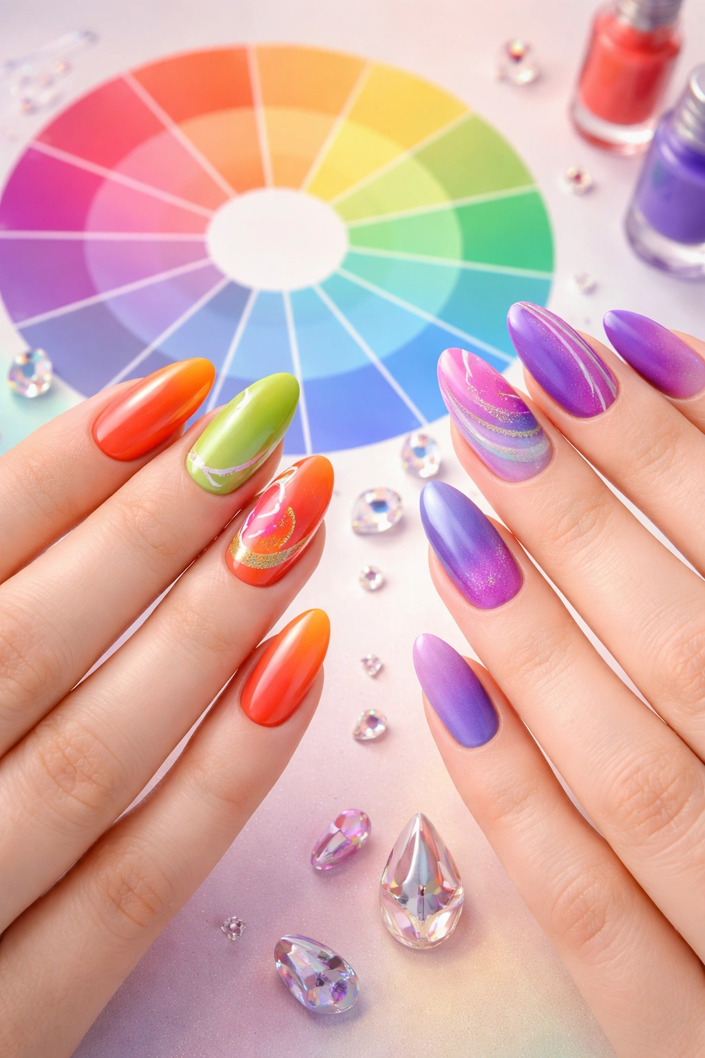 Nails with harmonious color schemes illustrating color theory