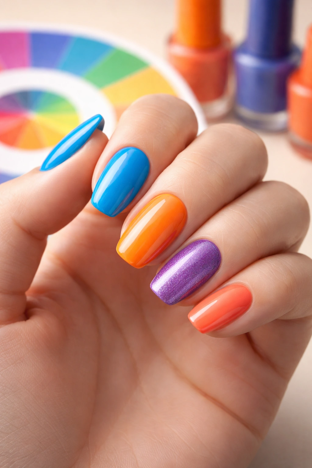 Nails showing blue, orange, and purple tones to demonstrate color theory.