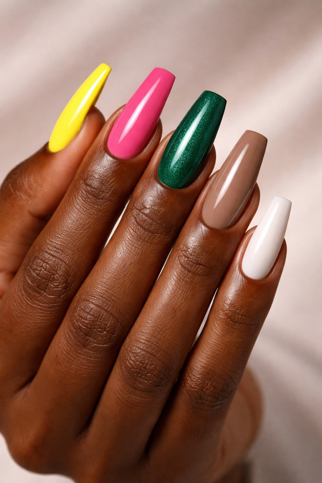 Hand with acrylic nails in vibrant and neutral colors against a clean background
