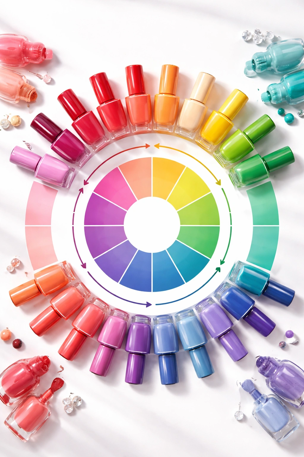 Color wheel with nail polish swatches illustrating color relationships