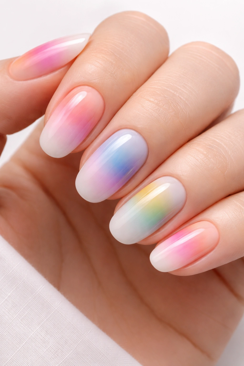 Close-up of colorblocked blooming gel nails with soft blends