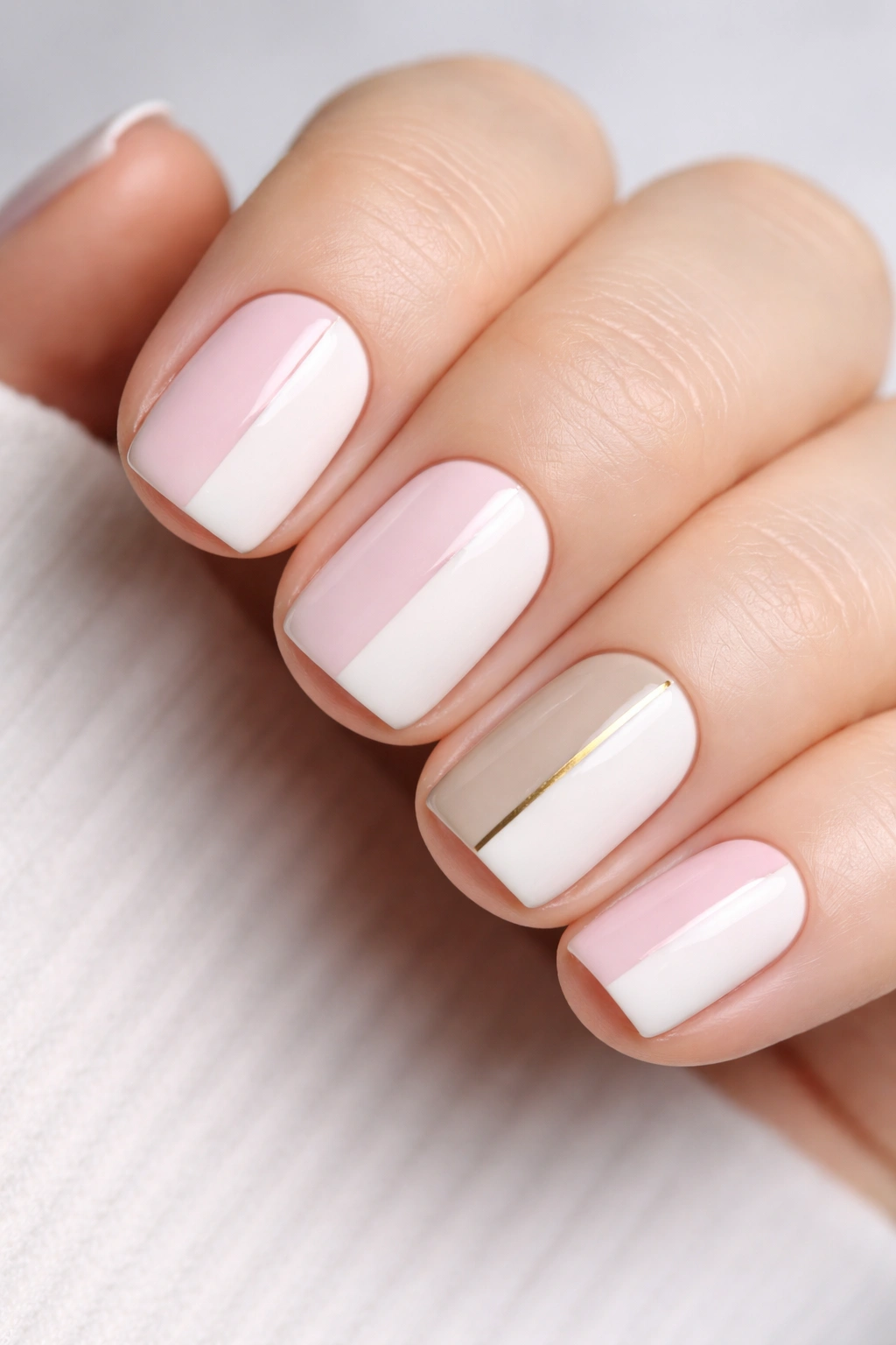 Close-up of short squoval nails with two-tone colorblock and accent nail