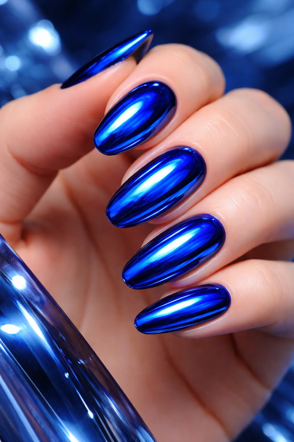 Blue chrome nails close-up on hand