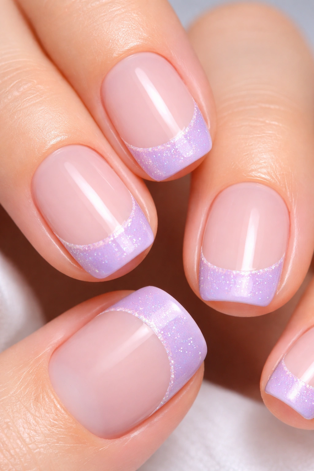 Close-up of a short nail with lavender tip and subtle glitter