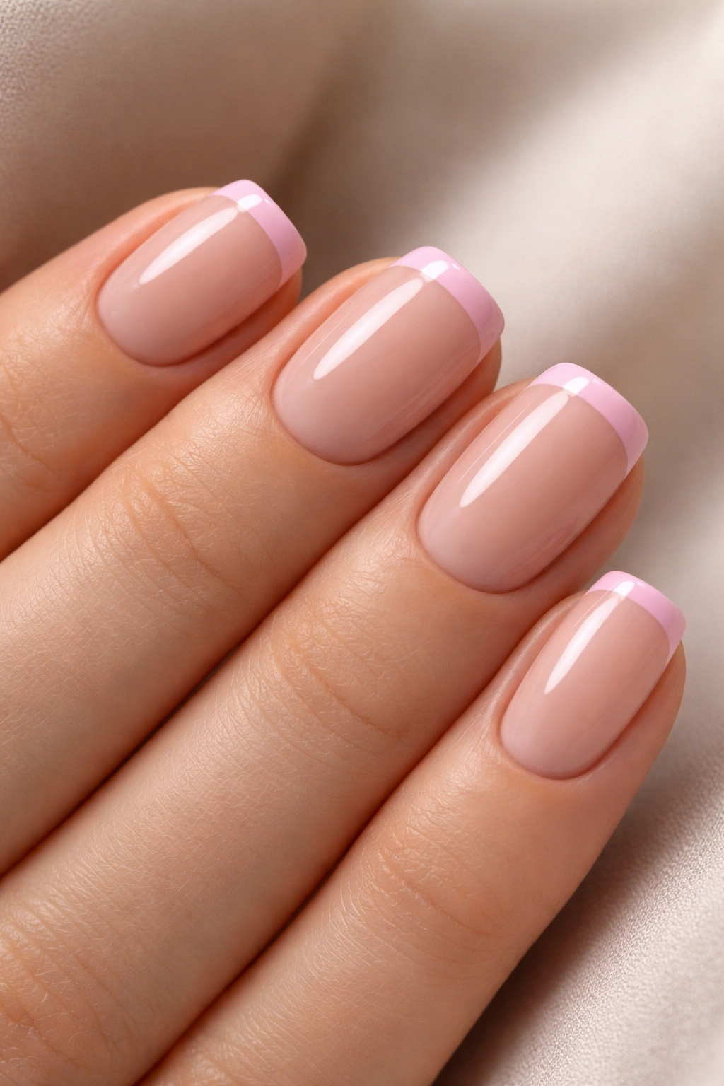Close-up of short squoval nails with colored French tips.