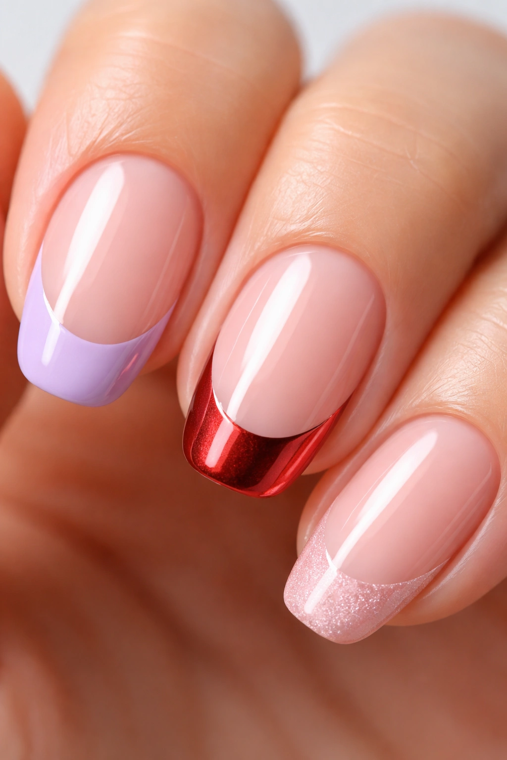 Two nails featuring colored French tips lavender and metallic red over nude bases