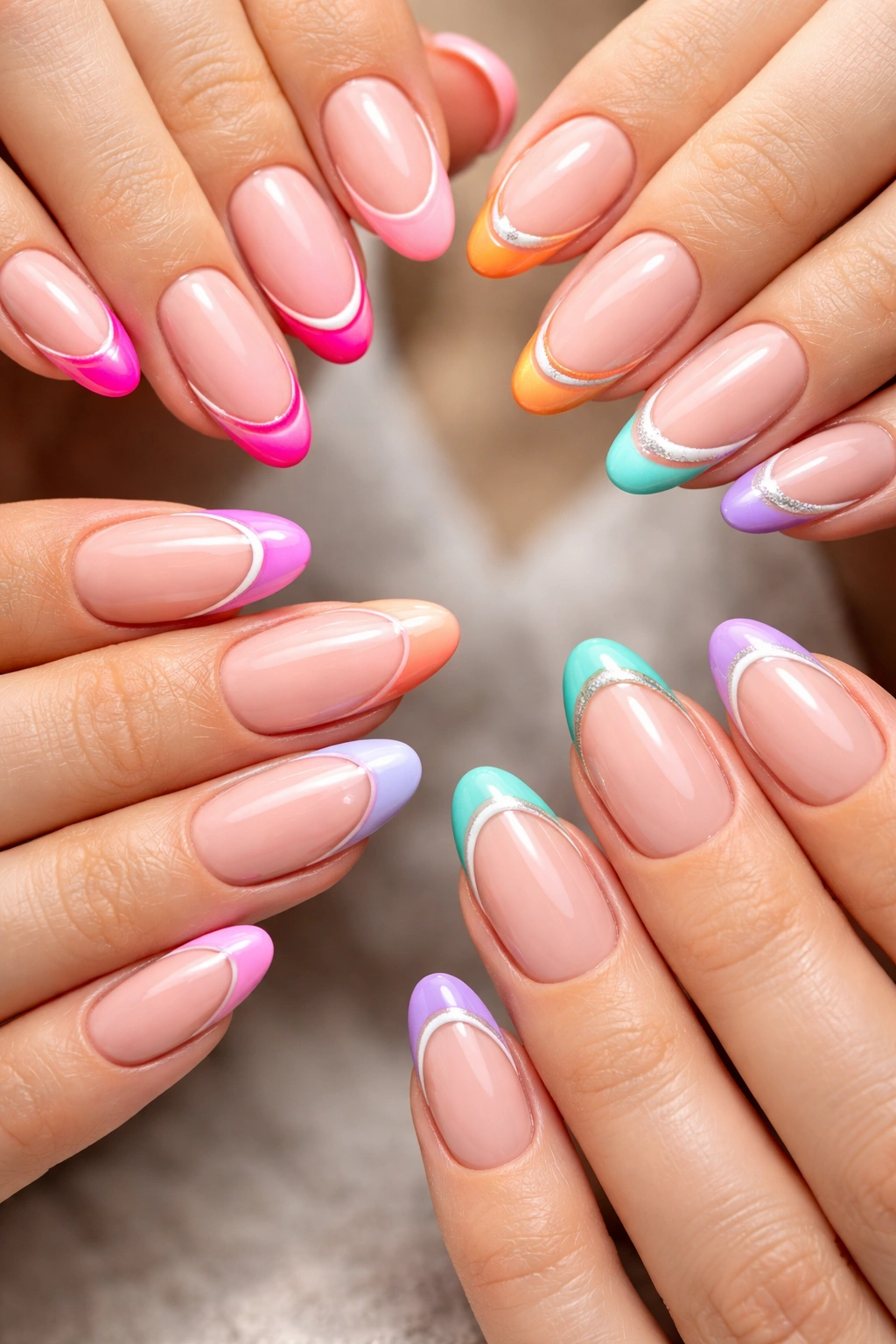 Close-up of hands with colorful French tip manicure