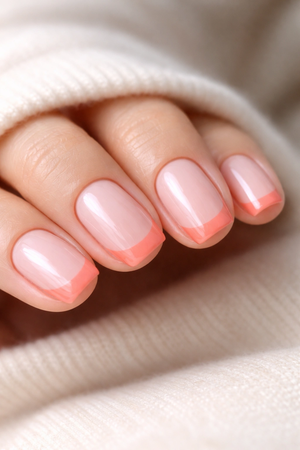 Nude base nails with colored coral tips on short squoval nails