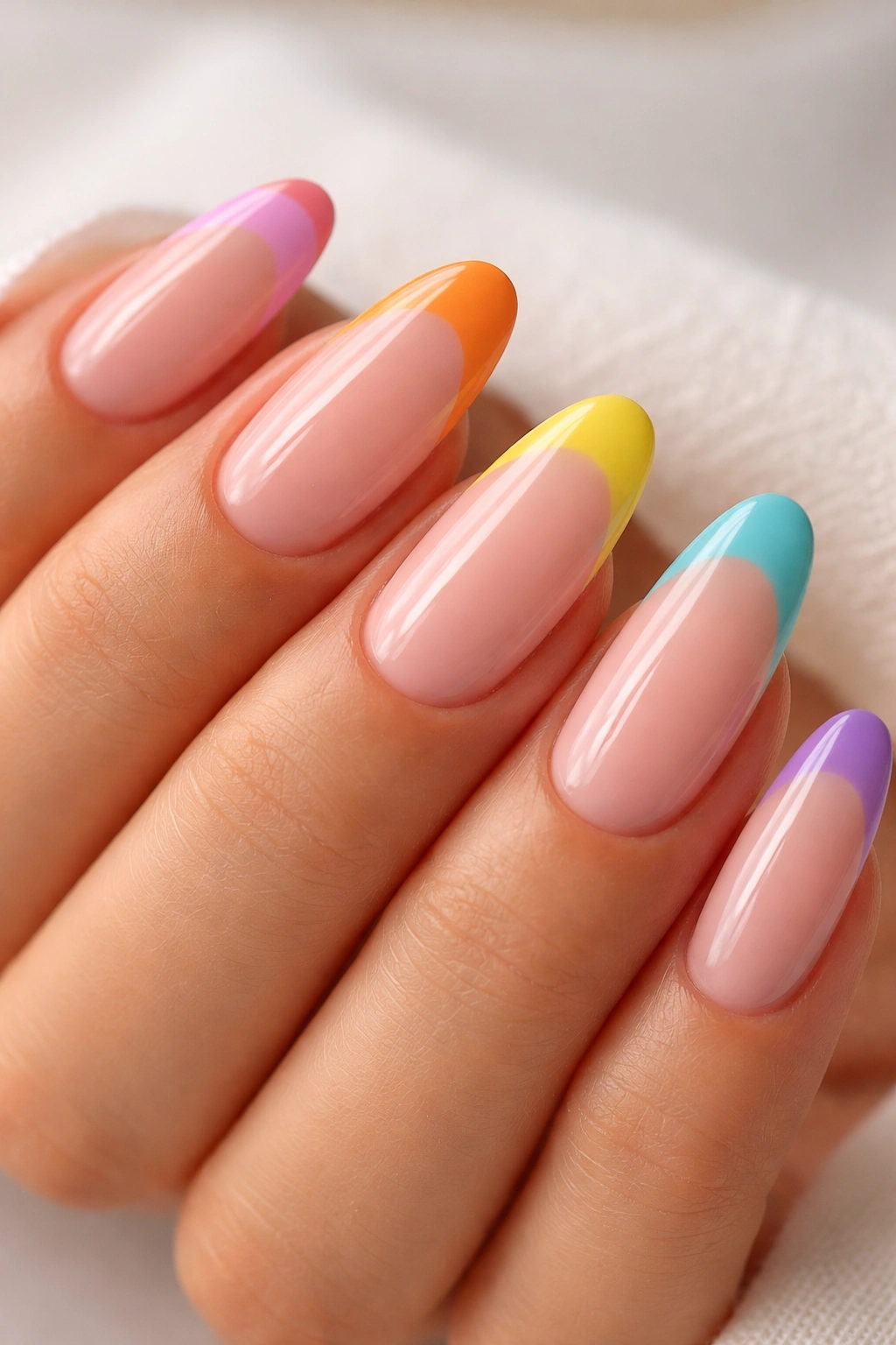 Close-up of long oval nails with colored French tips on pink base