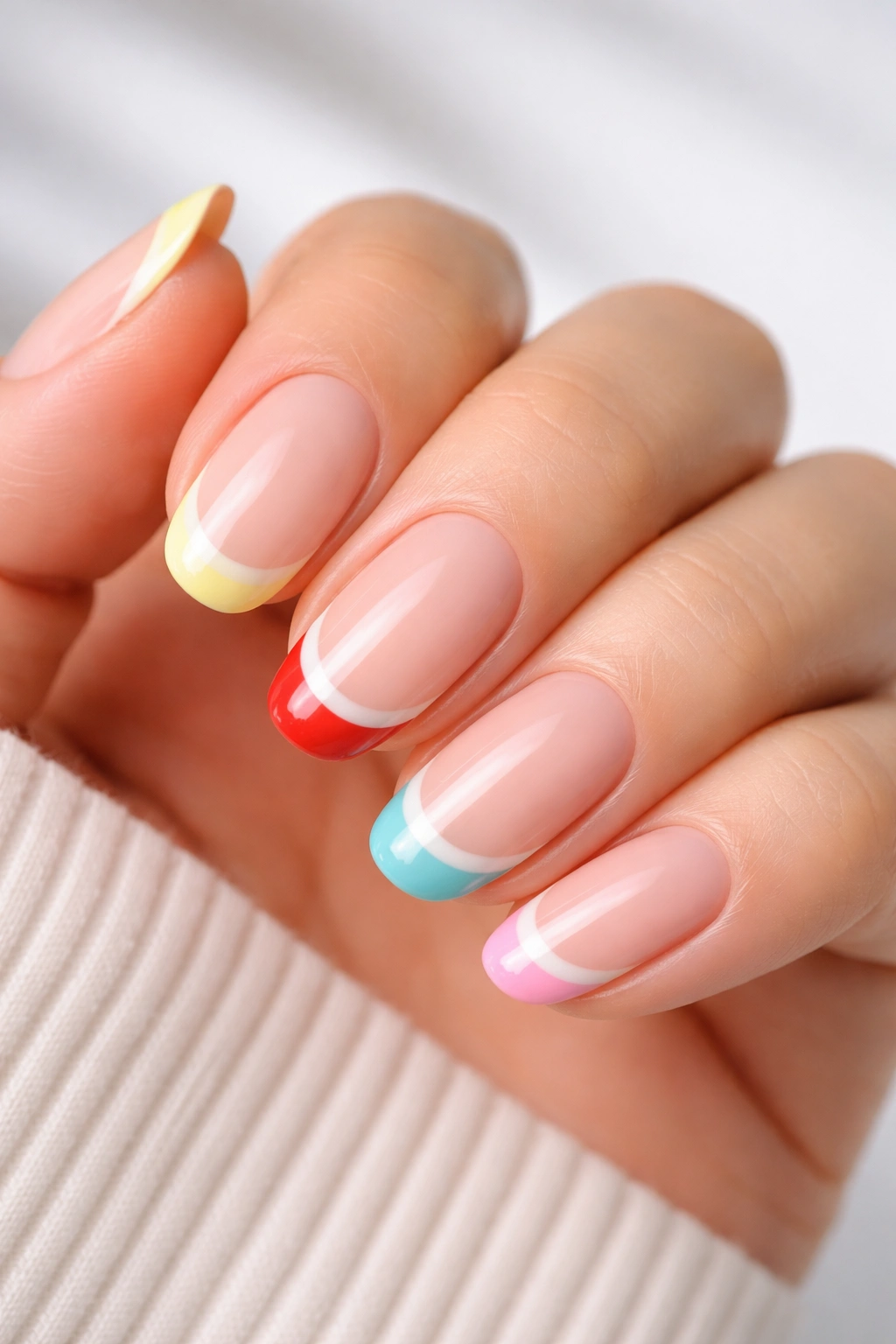 Close-up of nails with colored French tips in school-inspired hues