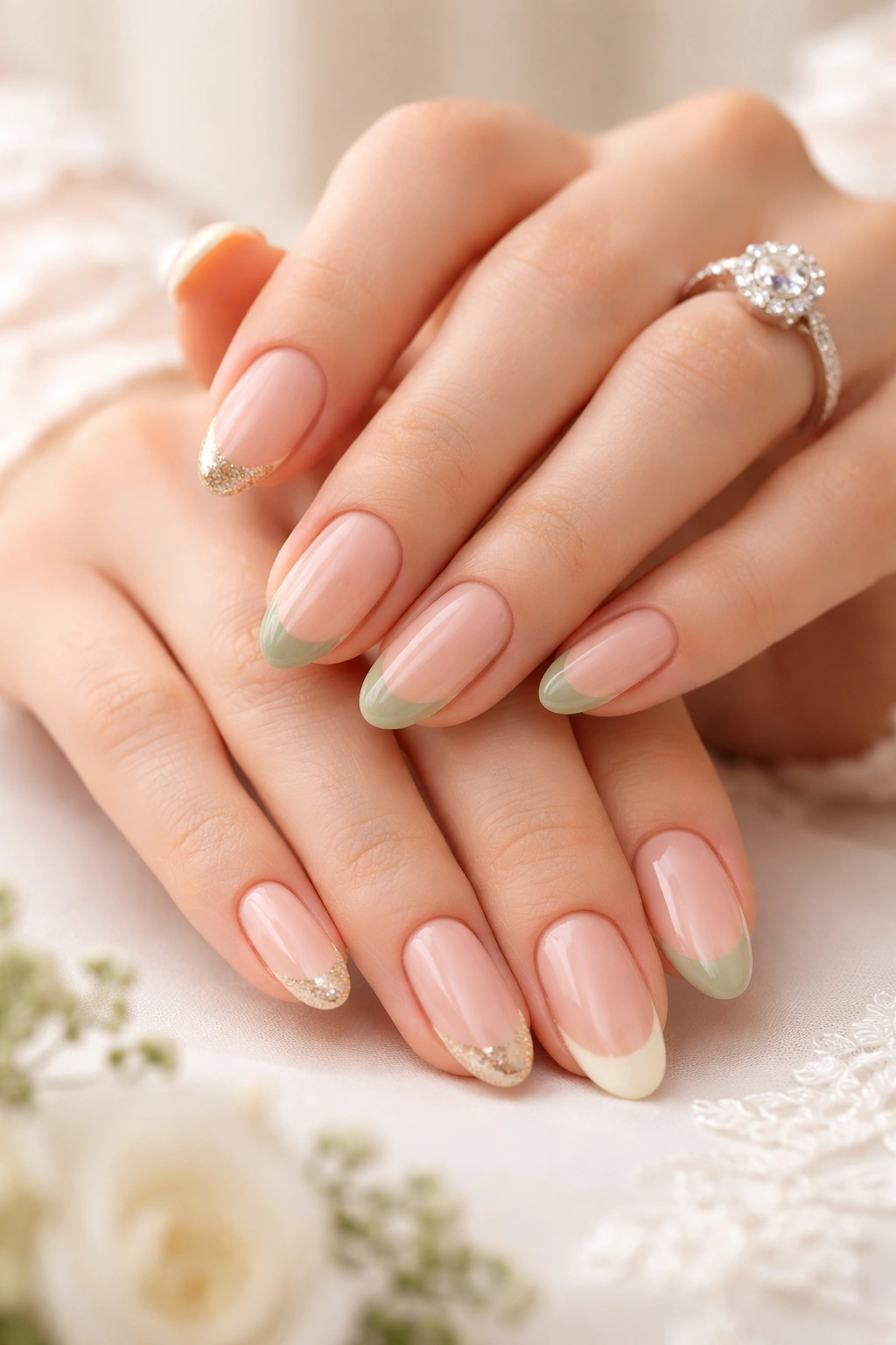 Nails with colored French tips coordinated to wedding colors.