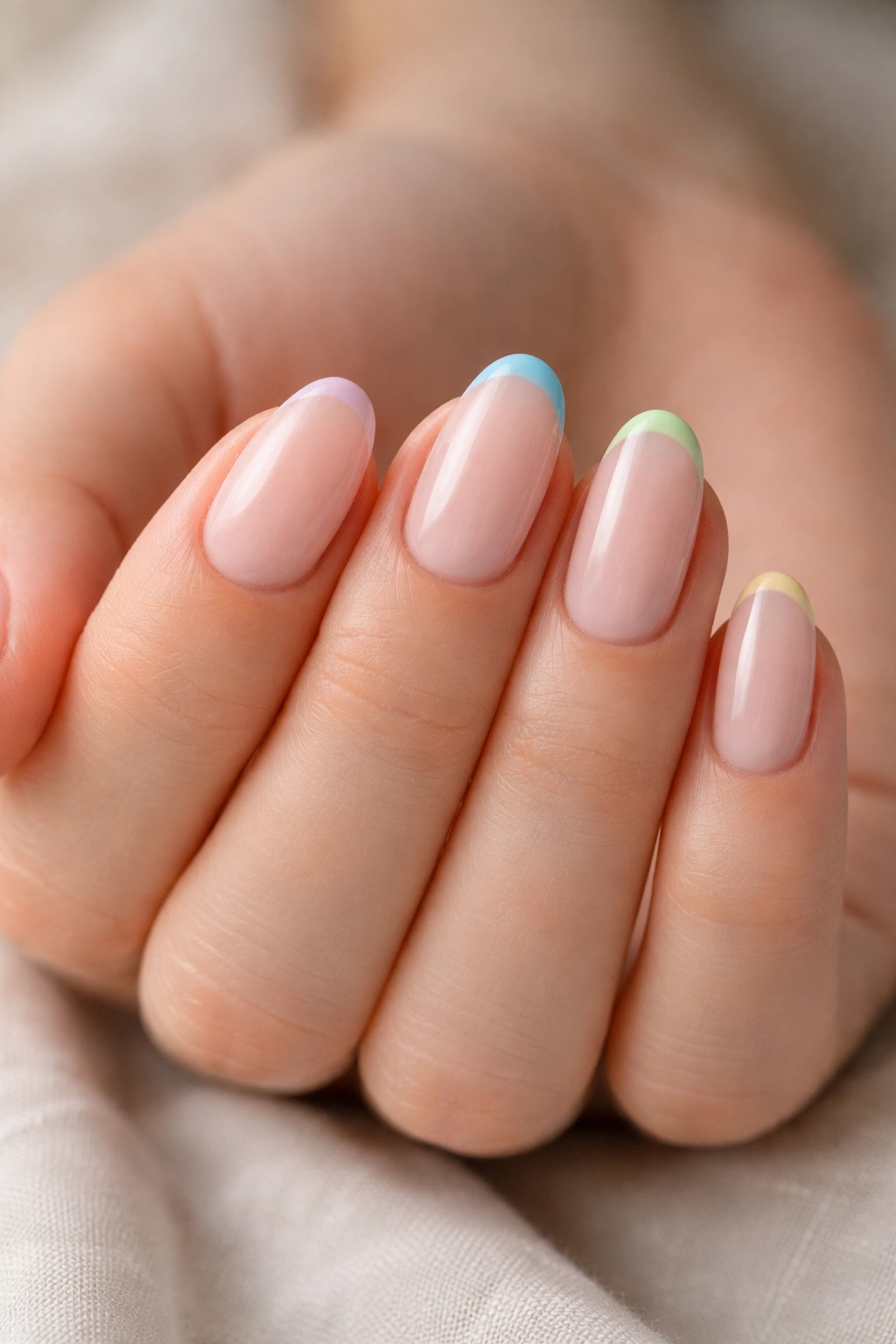 Close-up of short almond nails with a slim colored tip on nude base
