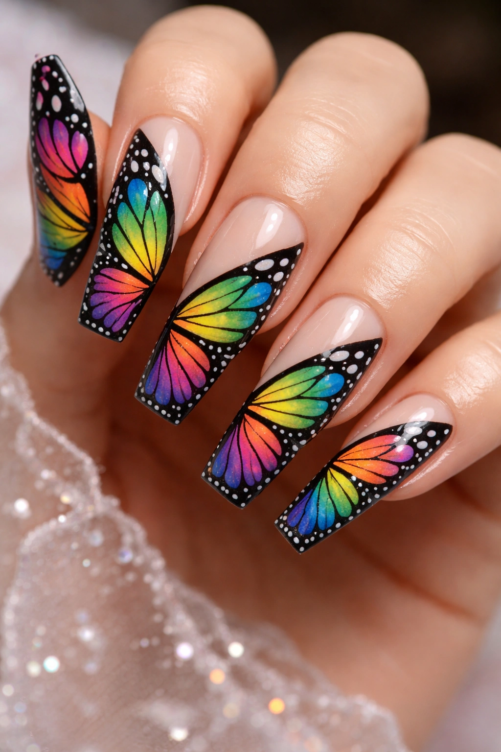 Coffin nails with multicolored butterfly wing segments on a neutral base.