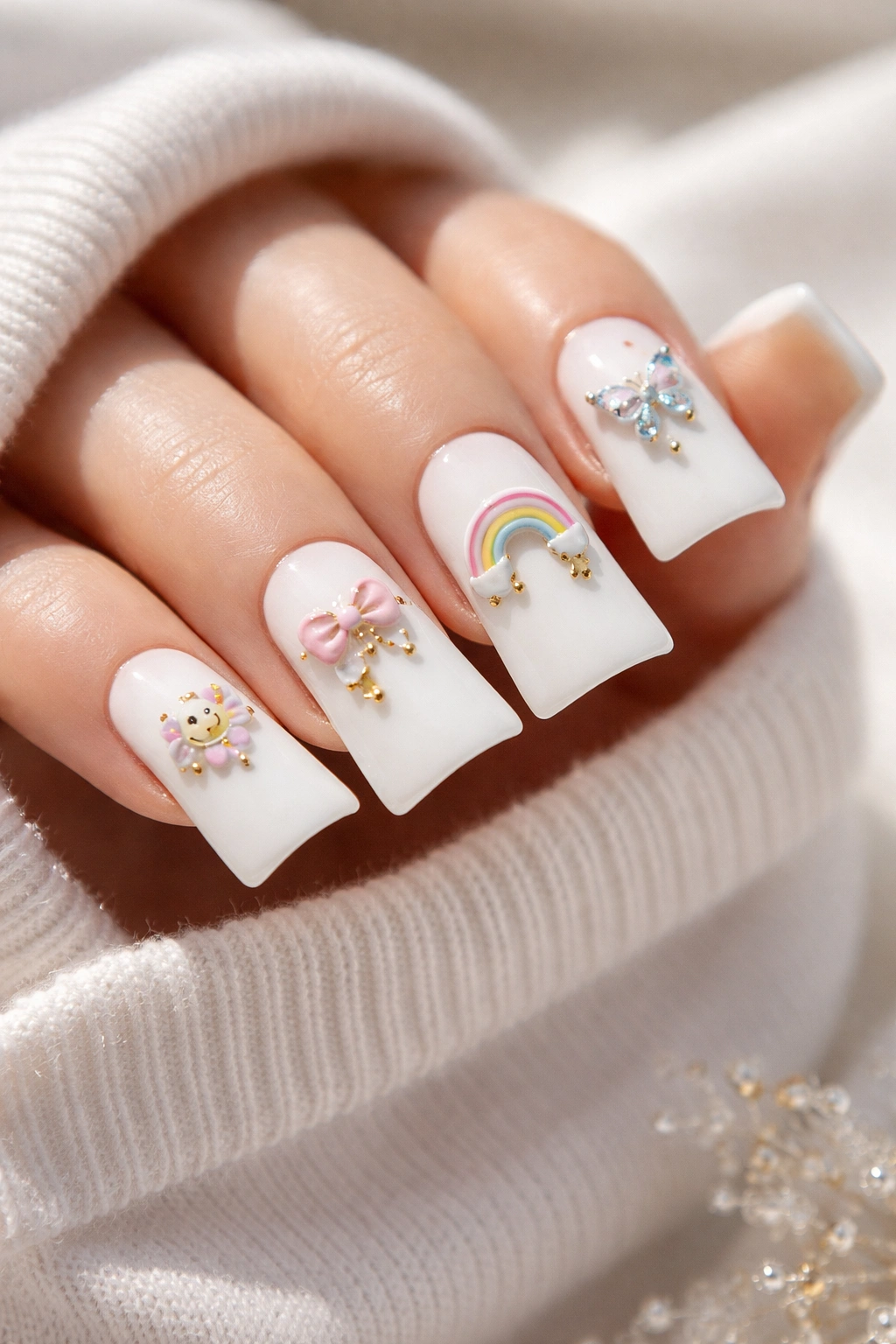 Close-up of Whimsical Colorful Charm Accent White Duck Nails with pastel enamel charms.