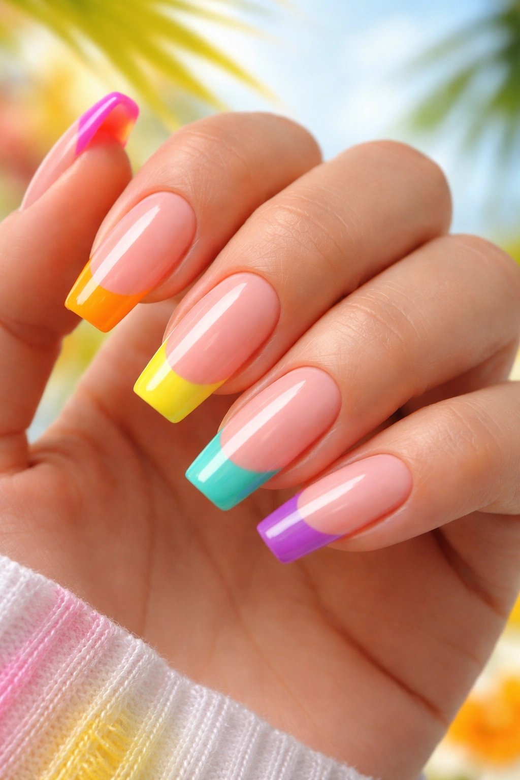 Nails with colorful French tips on a hand