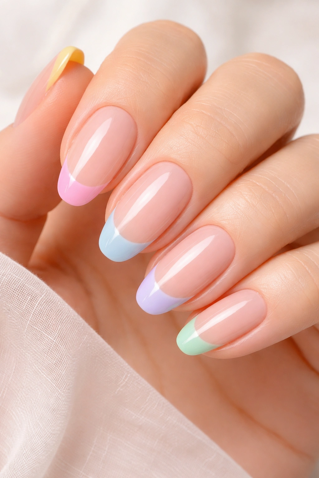 Close-up of colorful French tips with pastel rainbow tips on natural nails.