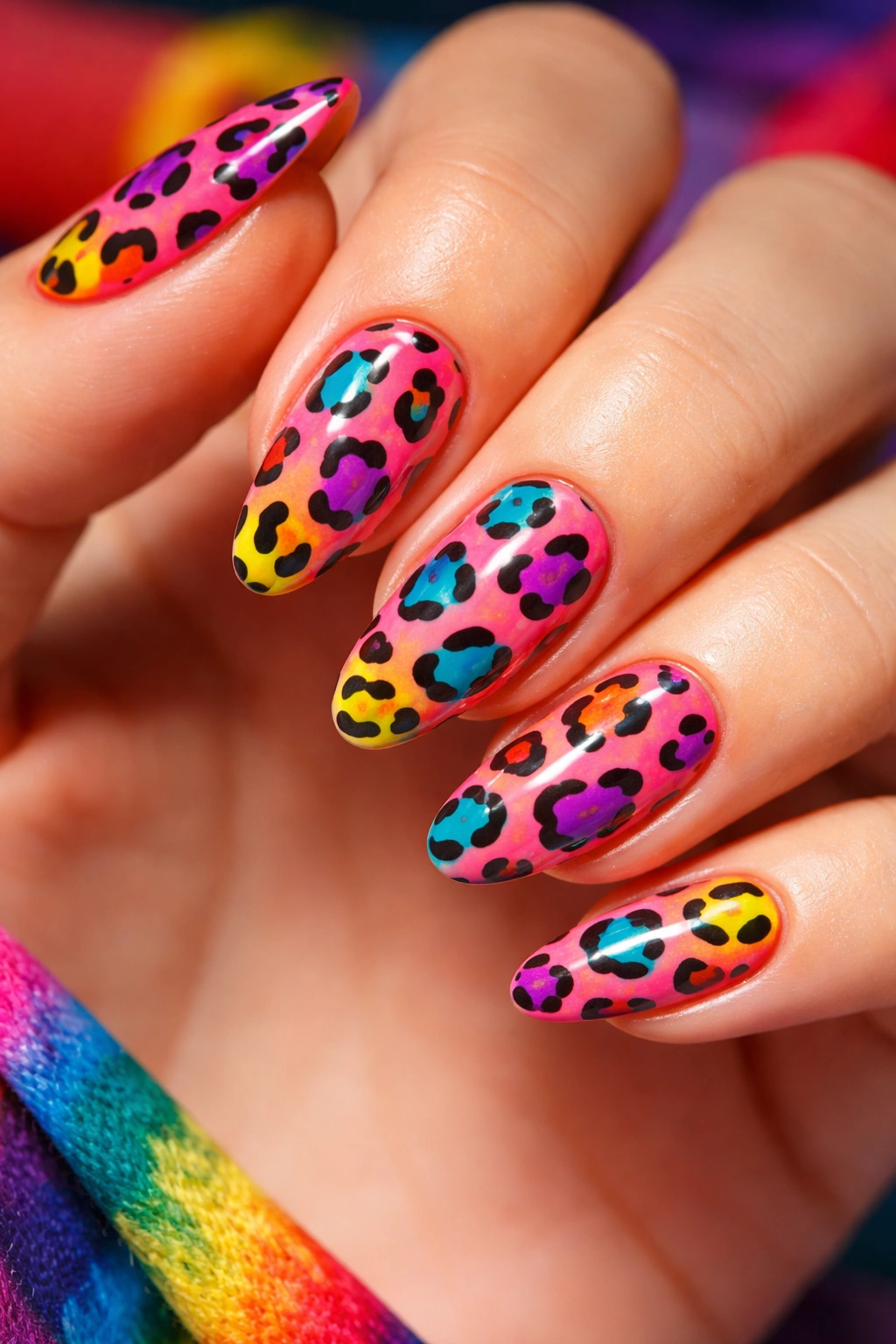 Colorful leopard print nails with teal spots on coral base