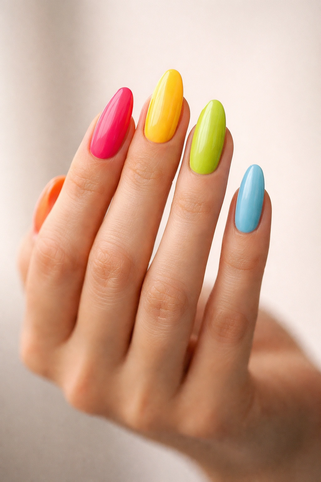 Hand with long oval nails painted in multiple bright colors showing color options