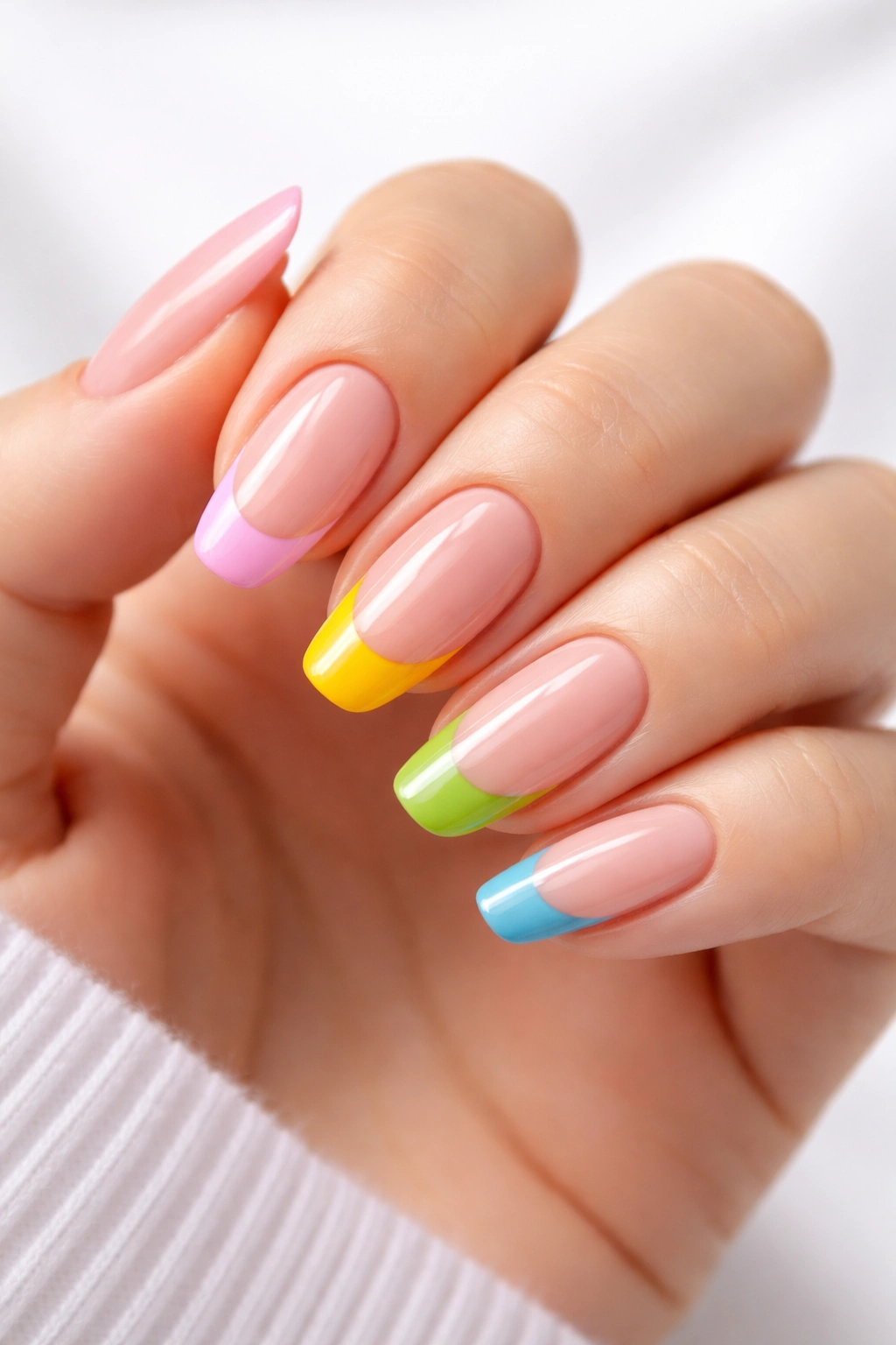 Close-up of nails with colorful tips in vibrant hues on natural nails.