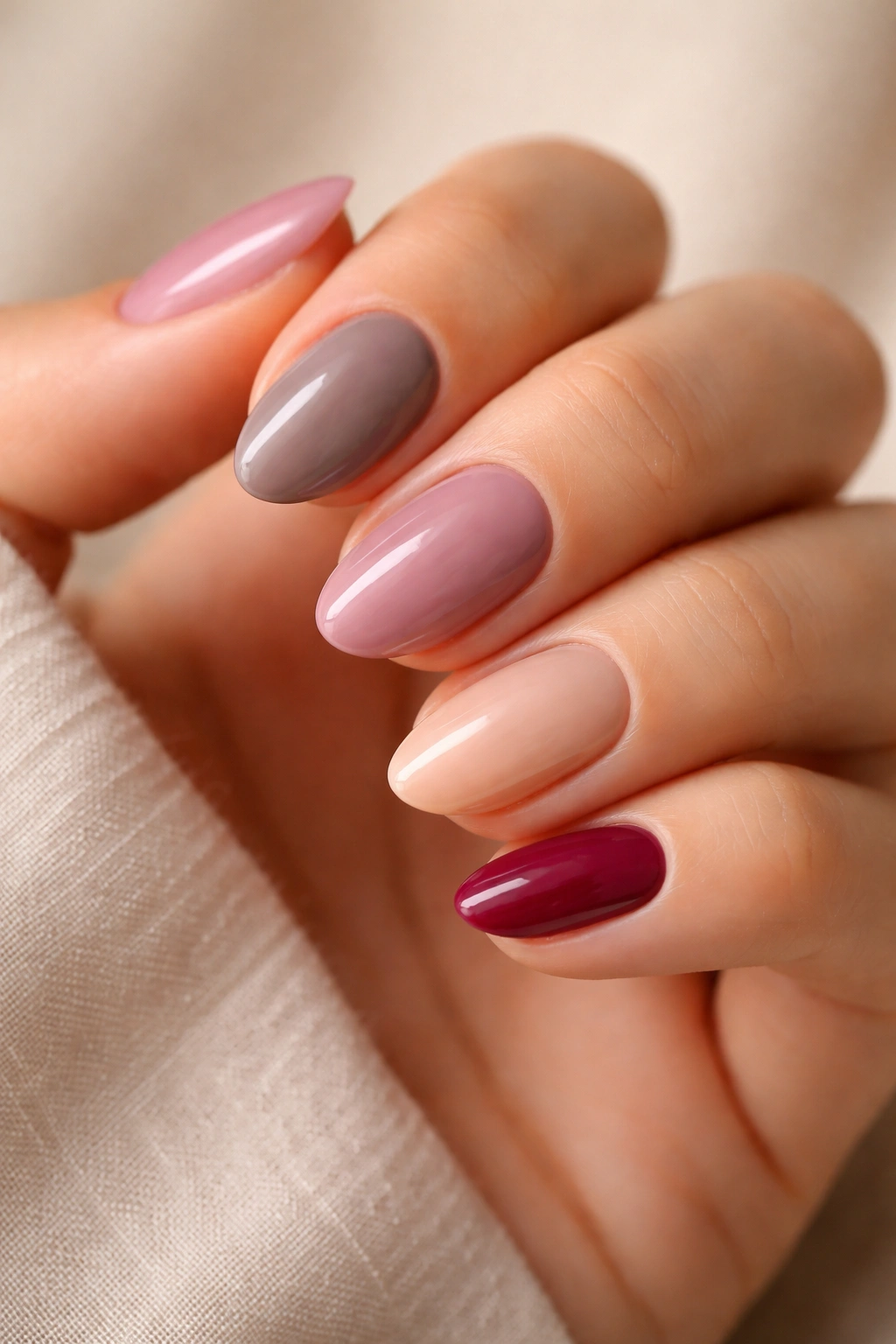 Close-up of short almond nails in multiple colors and finishes